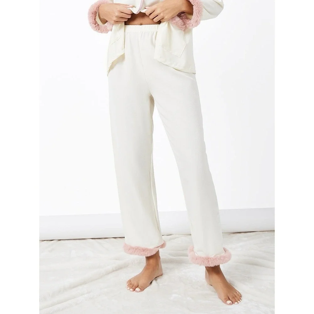 Faux Fur Trim Piped Edge Pyjama Pants Size L